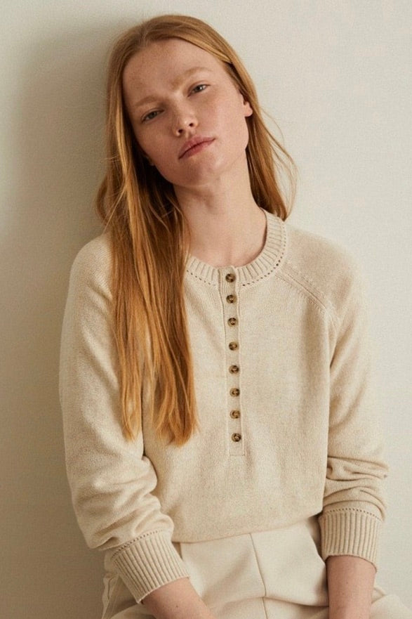 Yerse: Henley Neck Sweater Beige