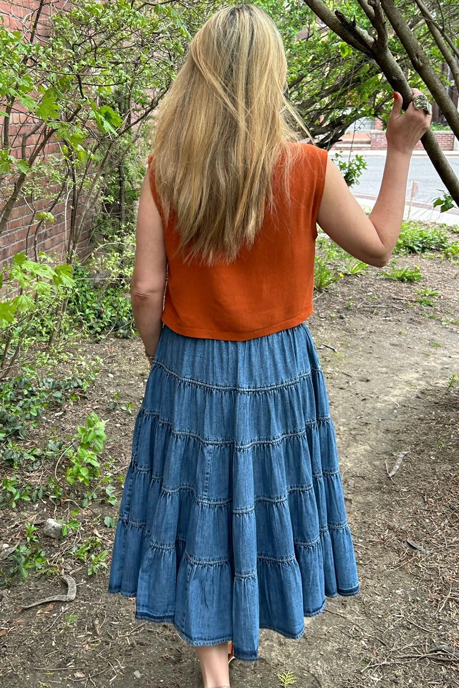 Free People: Tiered Chambray Midi Skirt