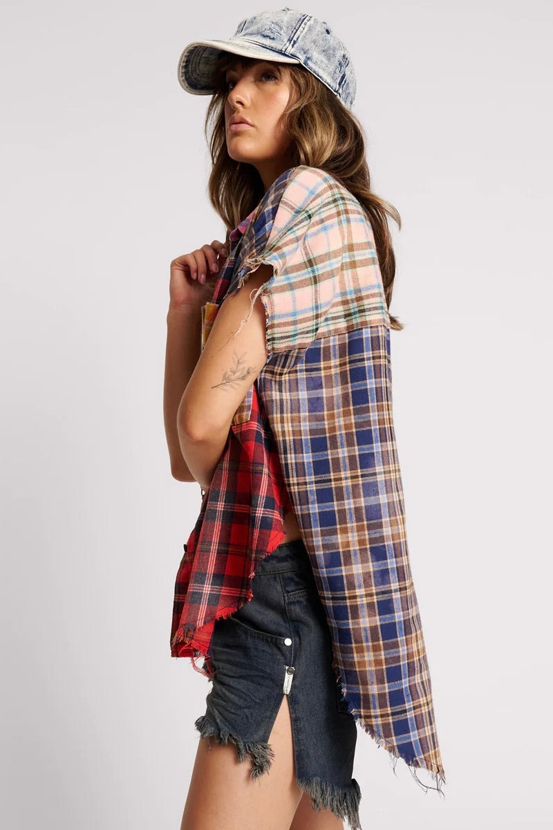 One Teaspoon: Mixed Flannel Cut Off Daria Shirt