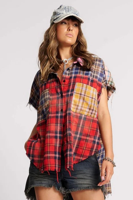 One Teaspoon: Mixed Flannel Cut Off Daria Shirt